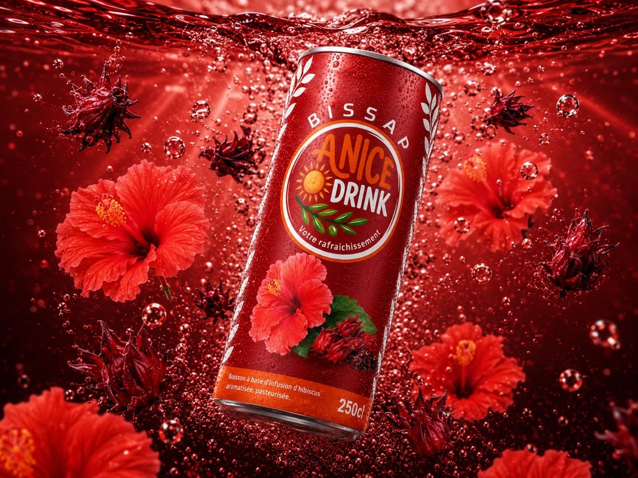 Canette ANICE DRINK Bissap (hibiscus) Rouge givrée sur des glaçons, avec une fleur d'hibiscus et une tranche d'orange